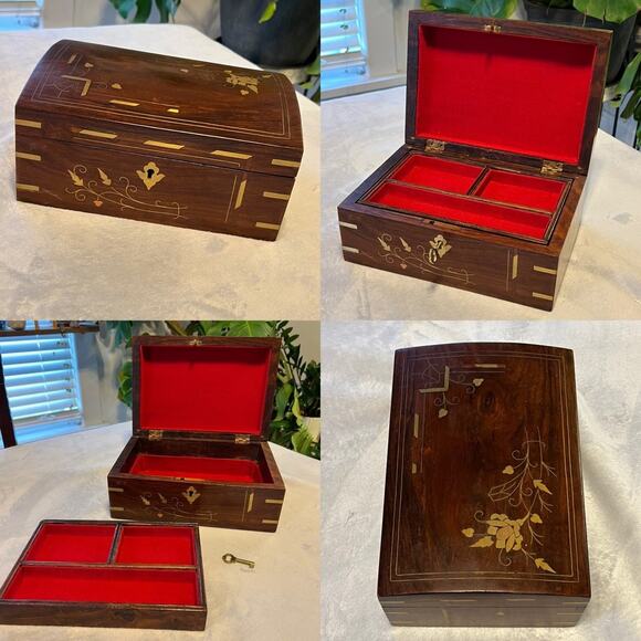 Vintage Beautiful Wooden Jewelry Box with Brass Inlay - 10” x 7” x 4.5” - Picture 1 of 11